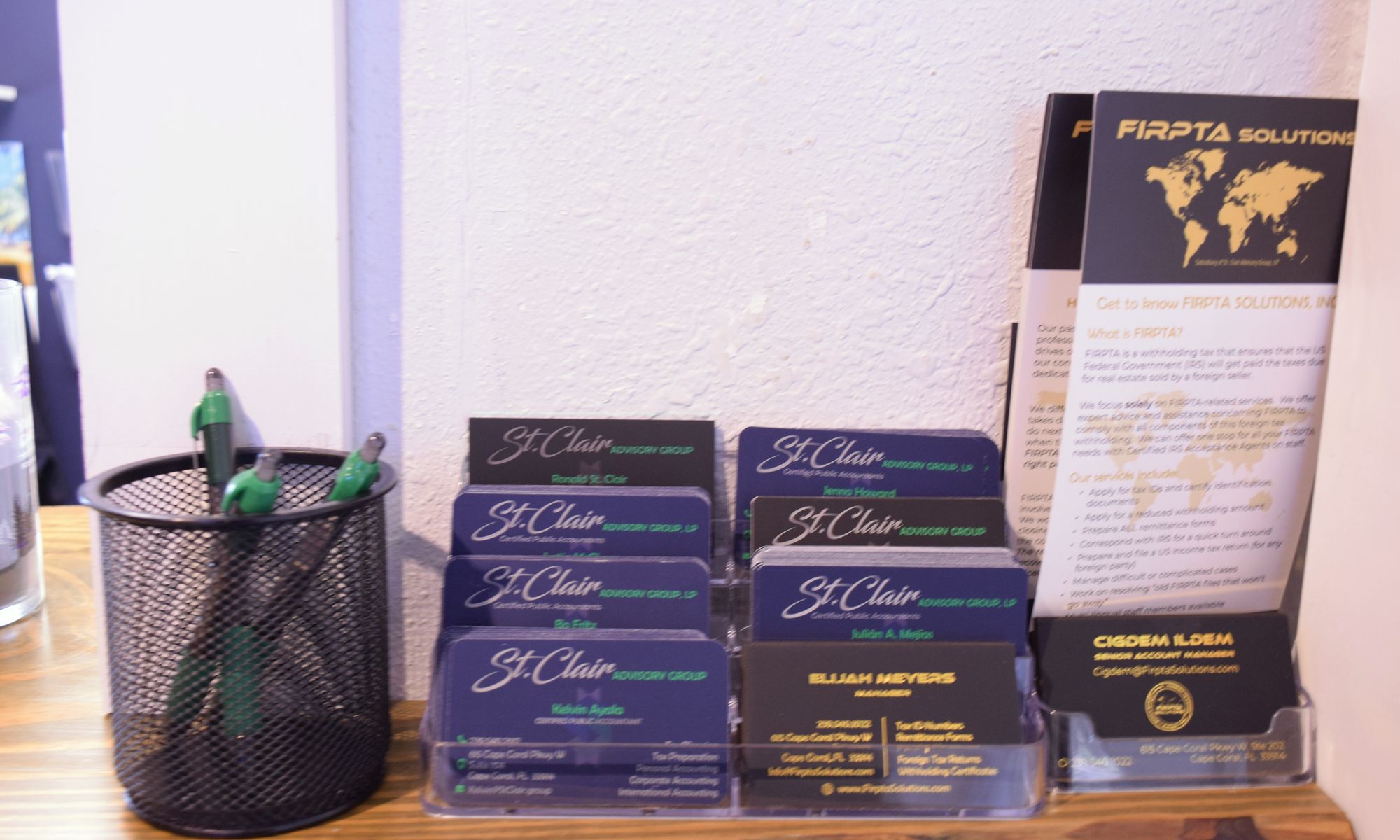 St. Clair business cards at the reception counter